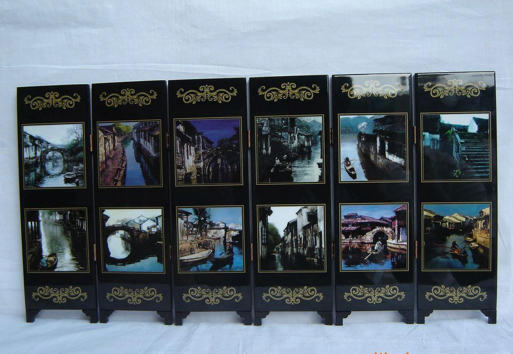 廠家批量漆器小屏風:水鄉圖、中國特色工藝品、家居裝飾品